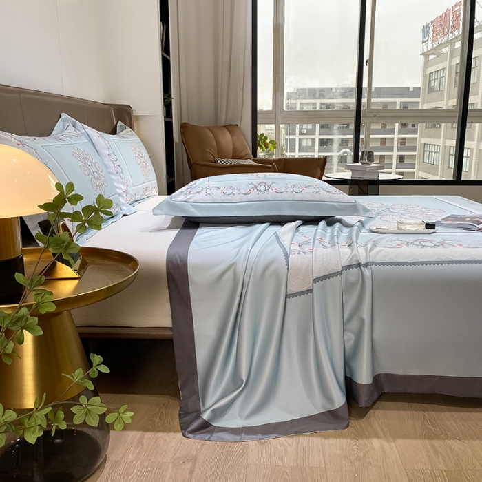 91家纺网 家纺一手货源 找家纺 眠帛家居 2021新款数码竹语天丝凉席三件套 花舞