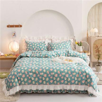 91家纺网 家纺一手货源 找家纺 婳庭2021新款斜纹13372荷叶花边工艺全棉四件套浅夏