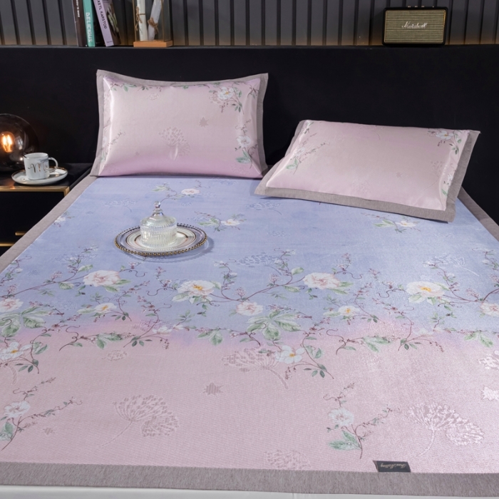 91家纺网 家纺一手货源 找家纺 安哆啦 2021新款全棉宽边冰丝席三件套 定位紫