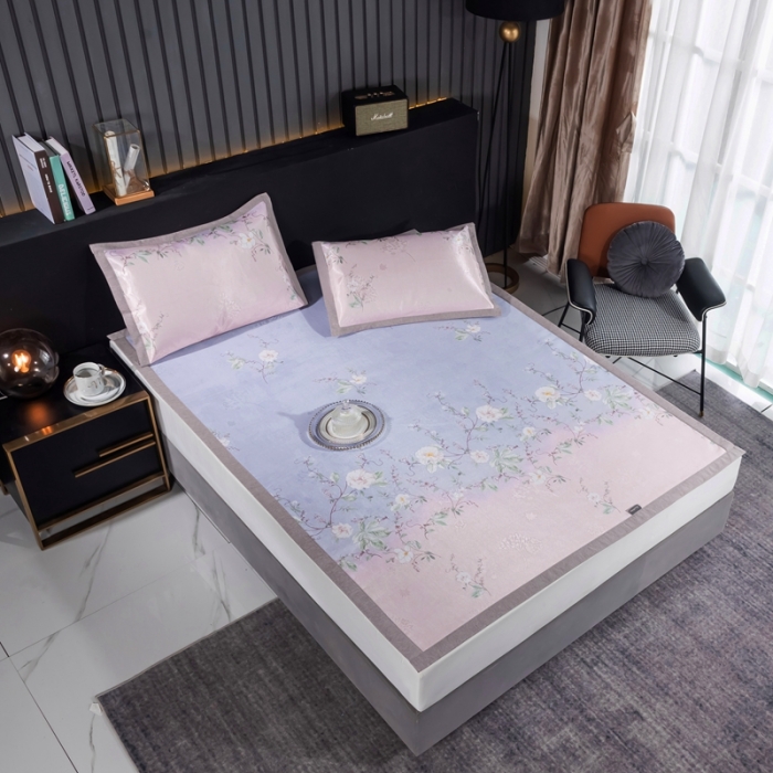 91家纺网 家纺一手货源 找家纺 安哆啦 2021新款全棉宽边冰丝席三件套 定位紫