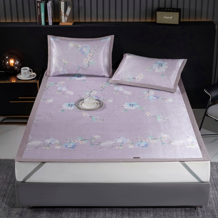 91家纺网 家纺一手货源 找家纺 安哆啦 2021新款全棉宽边冰丝席三件套 百合紫