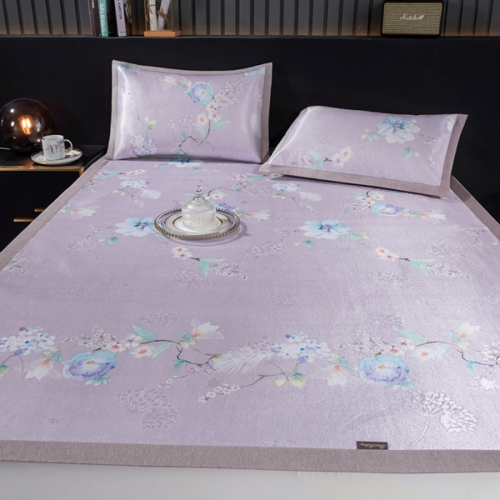 91家纺网 家纺一手货源 找家纺 安哆啦 2021新款全棉宽边冰丝席三件套 百合紫