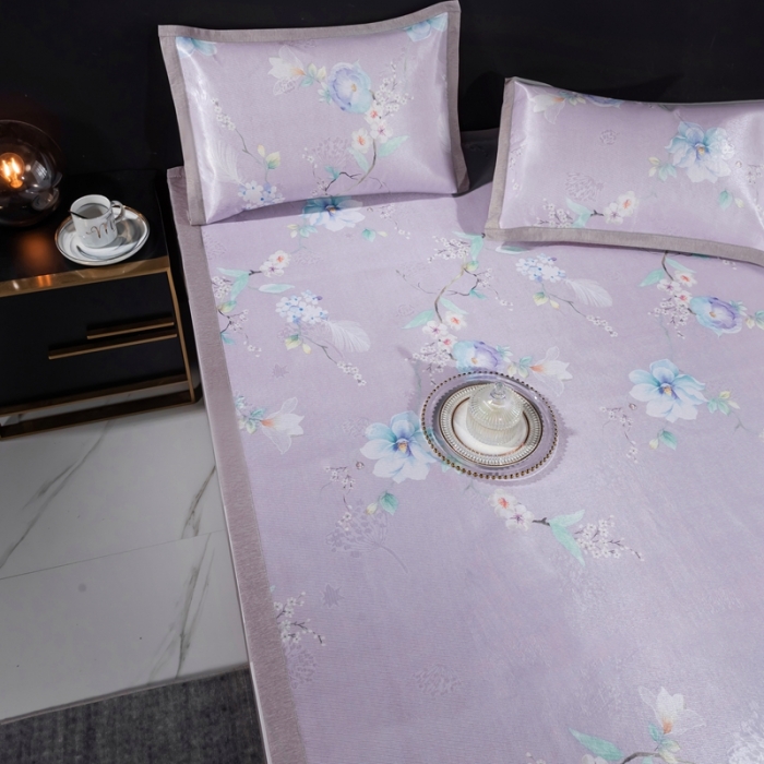 91家纺网 家纺一手货源 找家纺 安哆啦 2021新款全棉宽边冰丝席三件套 百合紫