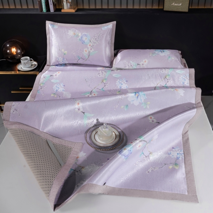 91家纺网 家纺一手货源 找家纺 安哆啦 2021新款全棉宽边冰丝席三件套 百合紫