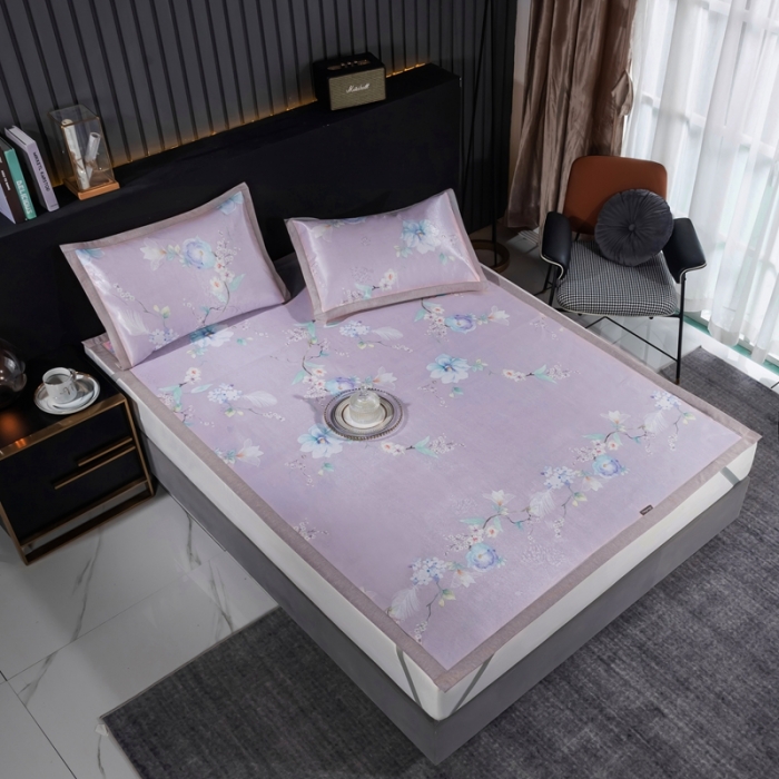 91家纺网 家纺一手货源 找家纺 安哆啦 2021新款全棉宽边冰丝席三件套 百合紫