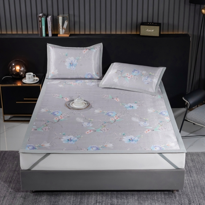 91家纺网 家纺一手货源 找家纺 安哆啦 2021新款全棉宽边冰丝席三件套 百合咖