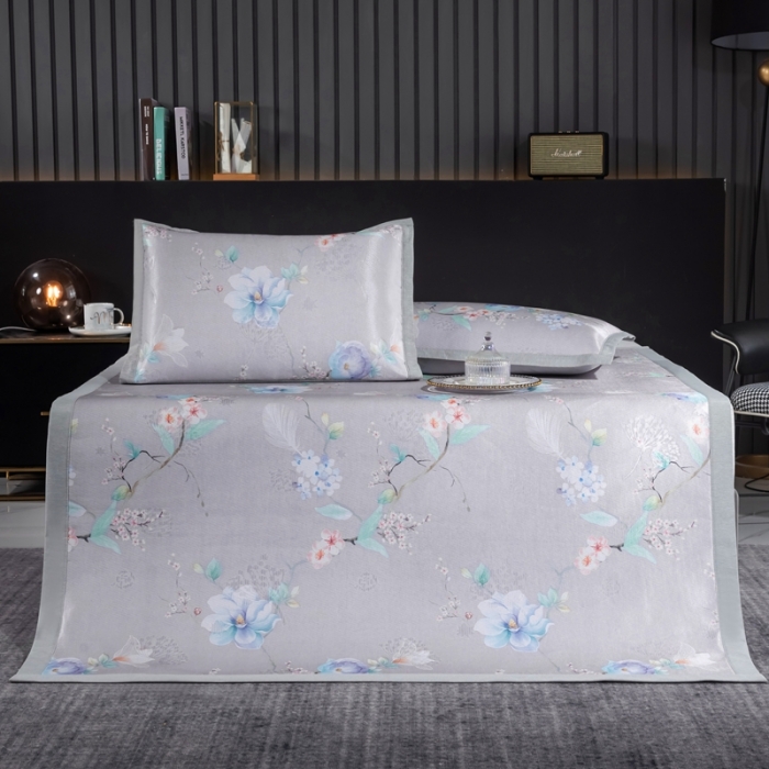 91家纺网 家纺一手货源 找家纺 安哆啦 2021新款全棉宽边冰丝席三件套 百合咖