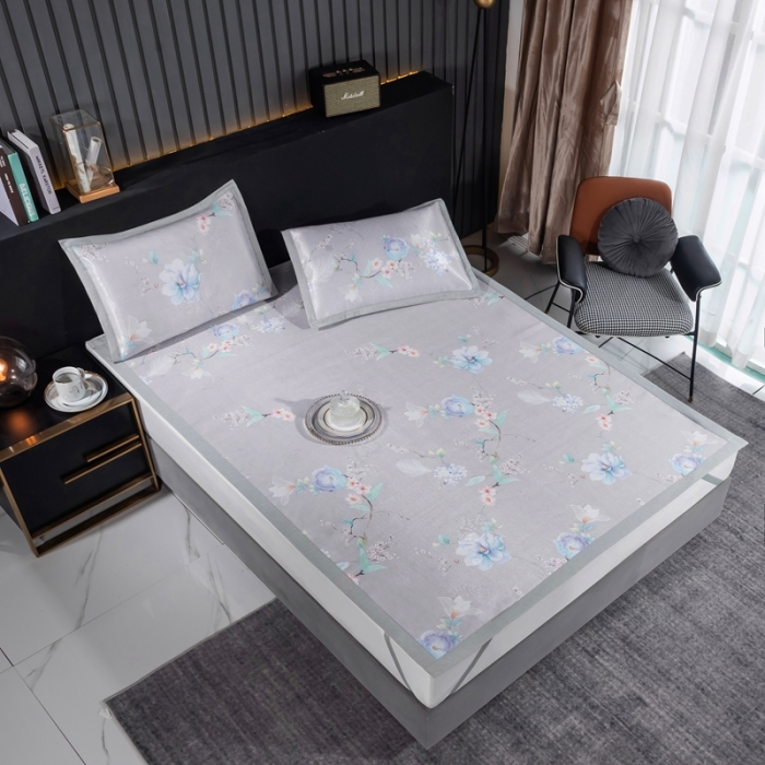 91家纺网 家纺一手货源 找家纺 安哆啦 2021新款全棉宽边冰丝席三件套 百合咖