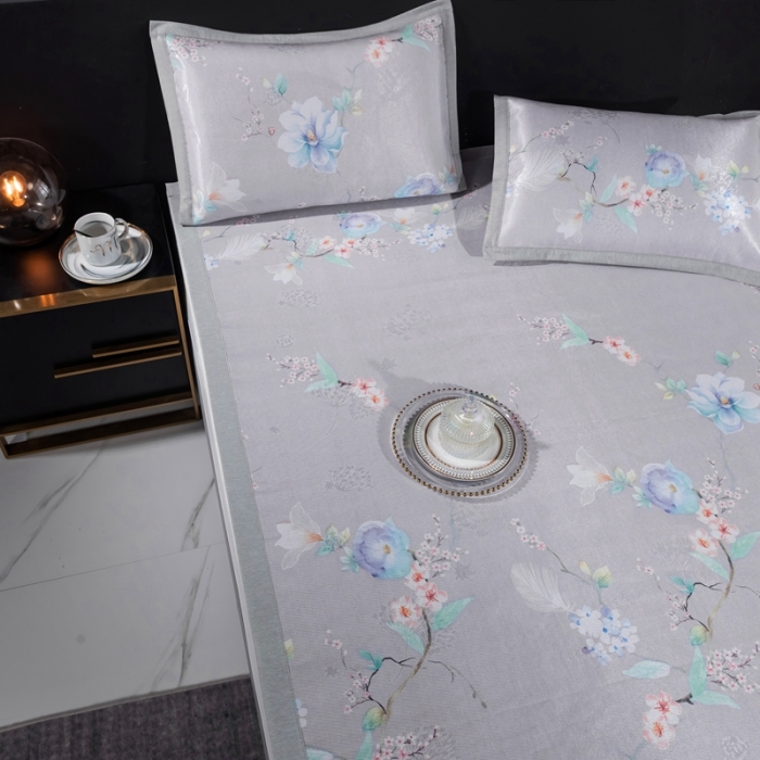 91家纺网 家纺一手货源 找家纺 安哆啦 2021新款全棉宽边冰丝席三件套 百合咖