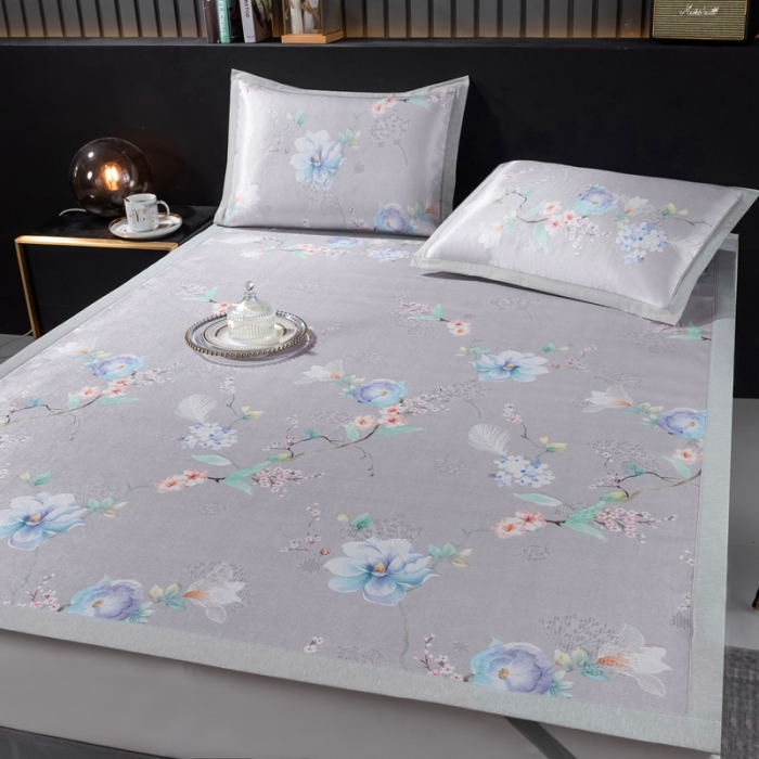 91家纺网 家纺一手货源 找家纺 安哆啦 2021新款全棉宽边冰丝席三件套 百合咖