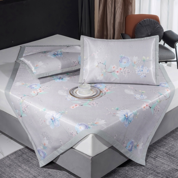 91家纺网 家纺一手货源 找家纺 安哆啦 2021新款全棉宽边冰丝席三件套 百合咖