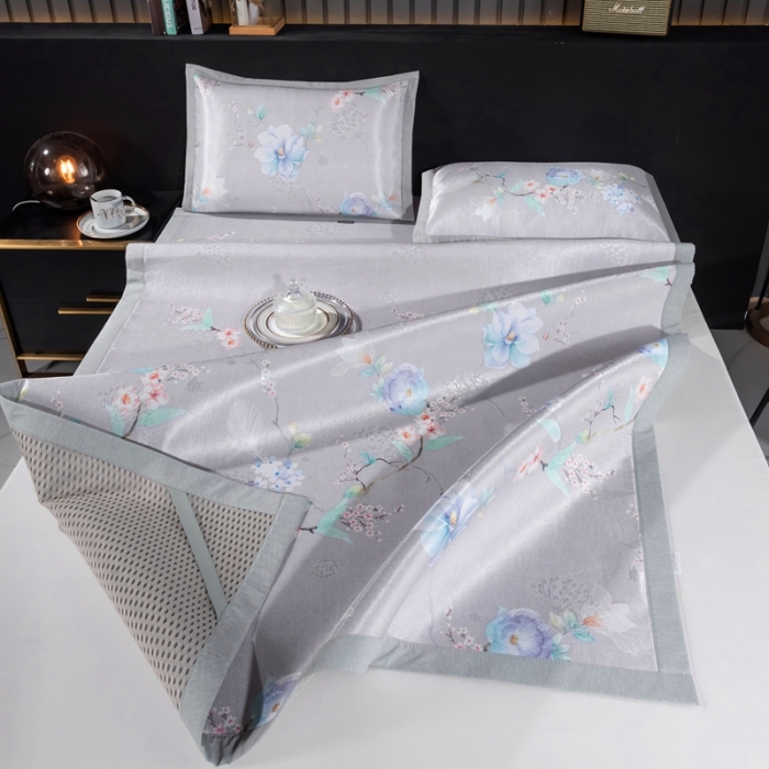 91家纺网 家纺一手货源 找家纺 安哆啦 2021新款全棉宽边冰丝席三件套 百合咖