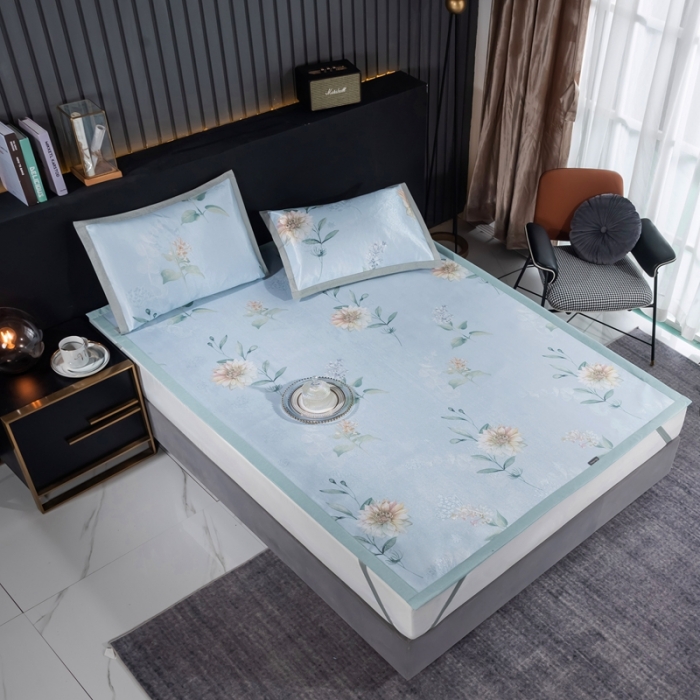 91家纺网 家纺一手货源 找家纺 安哆啦 2021新款全棉宽边冰丝席三件套 蔷薇