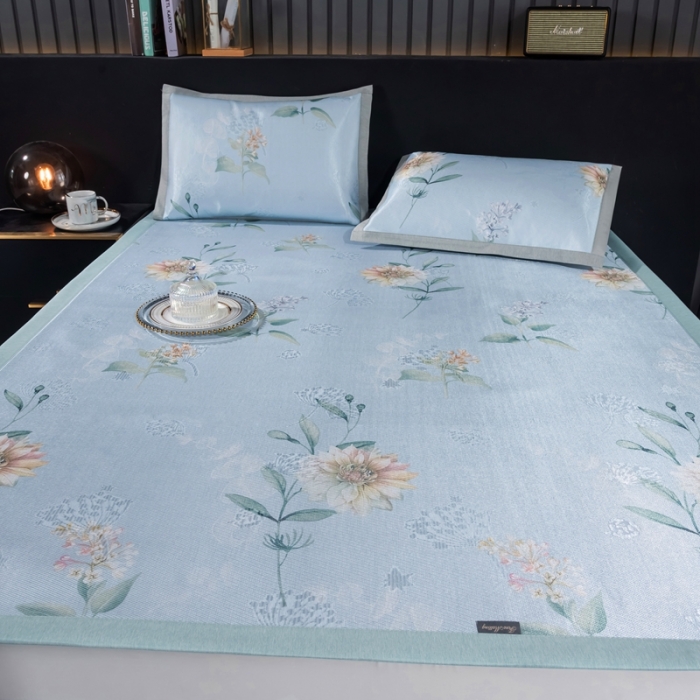 91家纺网 家纺一手货源 找家纺 安哆啦 2021新款全棉宽边冰丝席三件套 蔷薇