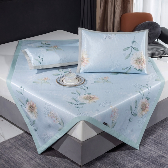 91家纺网 家纺一手货源 找家纺 安哆啦 2021新款全棉宽边冰丝席三件套 蔷薇