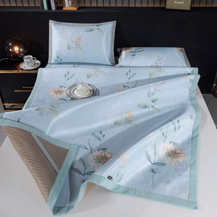 91家纺网 家纺一手货源 找家纺 安哆啦 2021新款全棉宽边冰丝席三件套 蔷薇