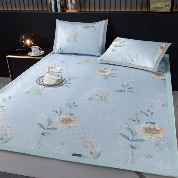 91家纺网 家纺一手货源 找家纺 安哆啦 2021新款全棉宽边冰丝席三件套 蔷薇