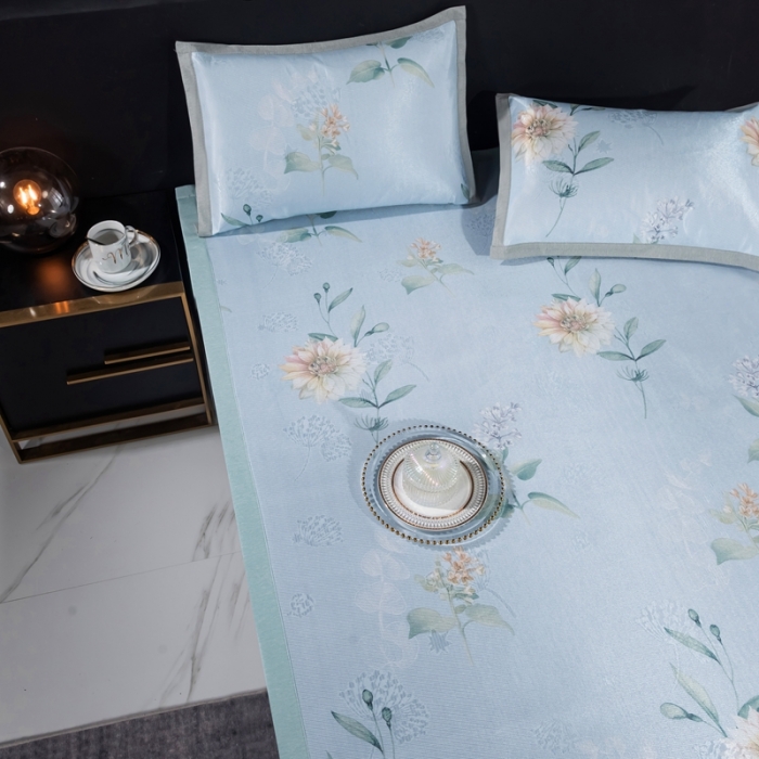 91家纺网 家纺一手货源 找家纺 安哆啦 2021新款全棉宽边冰丝席三件套 蔷薇