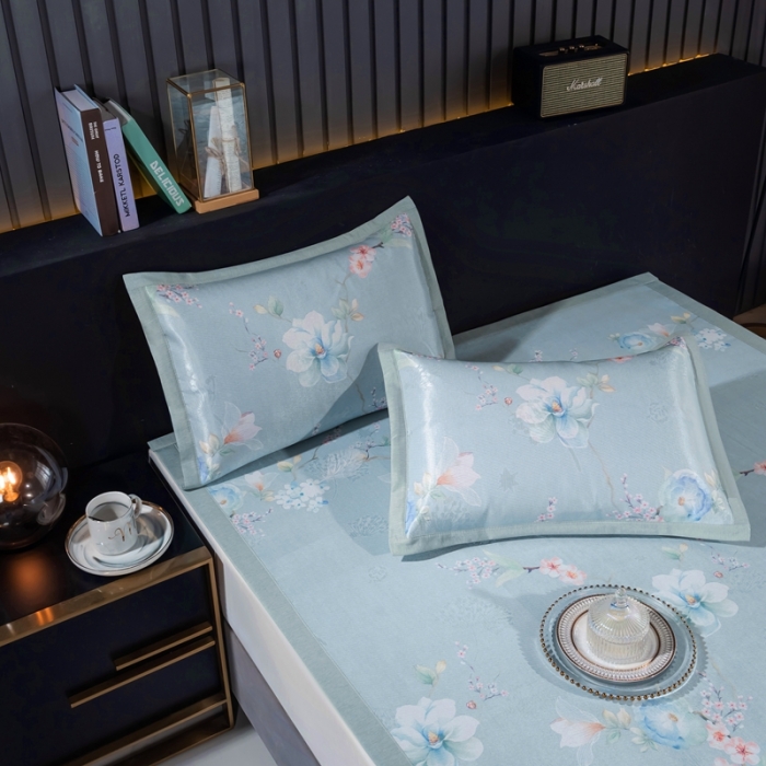 91家纺网 家纺一手货源 找家纺 安哆啦 2021新款全棉宽边冰丝席三件套 百合兰