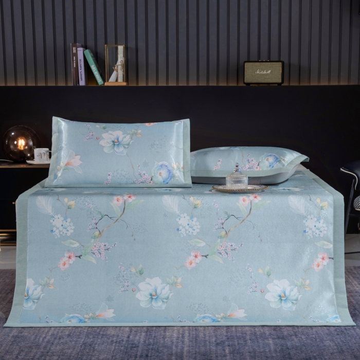 91家纺网 家纺一手货源 找家纺 安哆啦 2021新款全棉宽边冰丝席三件套 百合兰