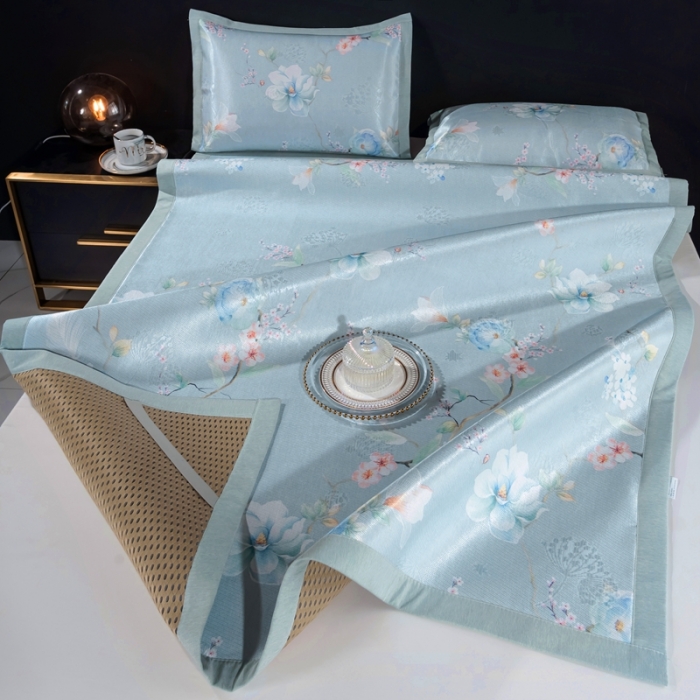 91家纺网 家纺一手货源 找家纺 安哆啦 2021新款全棉宽边冰丝席三件套 百合兰