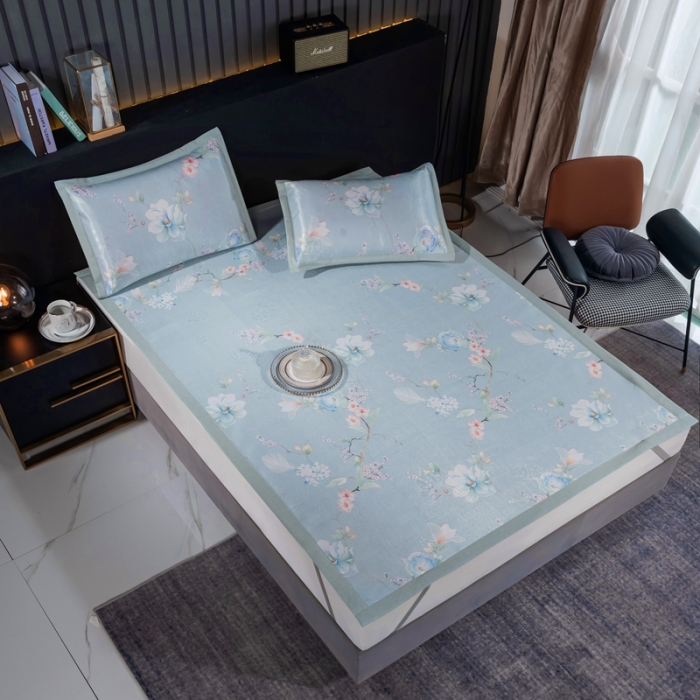 91家纺网 家纺一手货源 找家纺 安哆啦 2021新款全棉宽边冰丝席三件套 百合兰