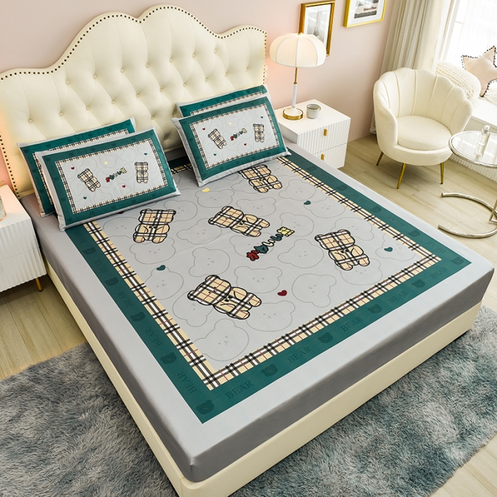 91家纺网 家纺一手货源 找家纺 同田 2023新款大版冰丝床笠凉席三件套空调软席 格子熊