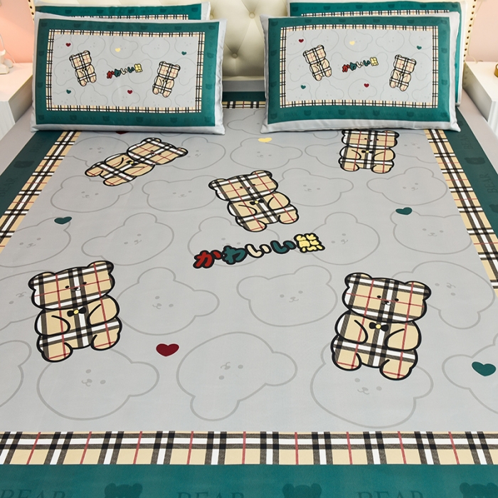 91家纺网 家纺一手货源 找家纺 同田 2023新款大版冰丝床笠凉席三件套空调软席 格子熊