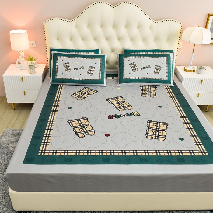 91家纺网 家纺一手货源 找家纺 同田 2023新款大版冰丝床笠凉席三件套空调软席 格子熊