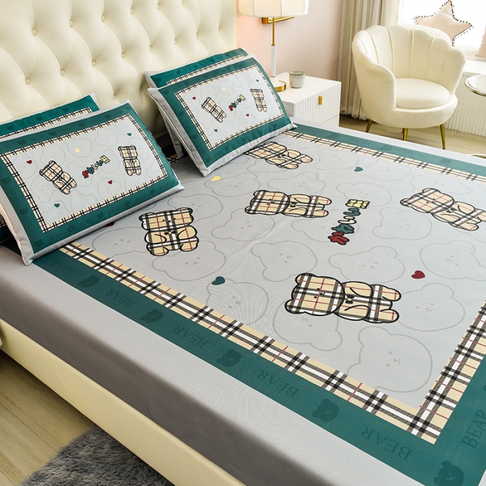 91家纺网 家纺一手货源 找家纺 同田 2023新款大版冰丝床笠凉席三件套空调软席 格子熊