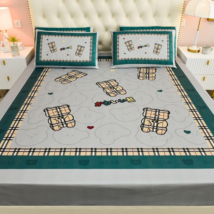 91家纺网 家纺一手货源 找家纺 同田 2023新款大版冰丝床笠凉席三件套空调软席 格子熊