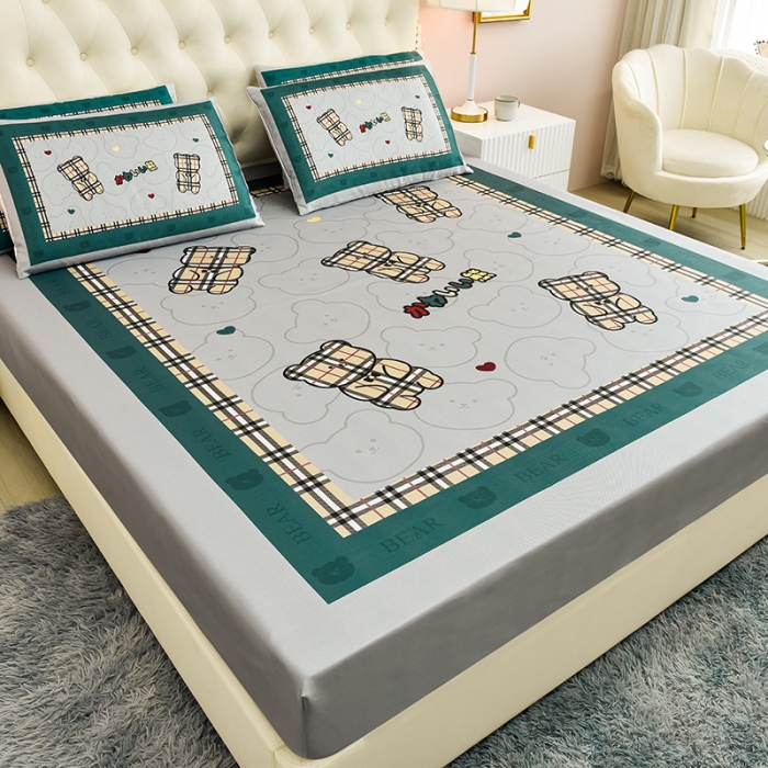 91家纺网 家纺一手货源 找家纺 同田 2023新款大版冰丝床笠凉席三件套空调软席 格子熊