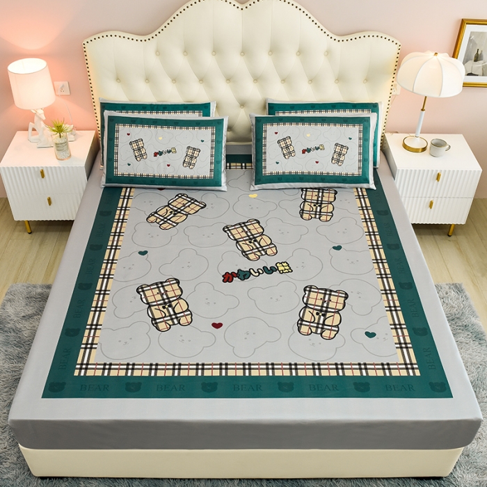 91家纺网 家纺一手货源 找家纺 同田 2023新款大版冰丝床笠凉席三件套空调软席 格子熊