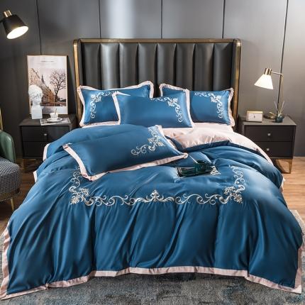 91家纺网 家纺一手货源 找家纺 骏腾 2022新款水洗冰丝刺绣四件套水洗真丝天丝艾莎-宾利蓝