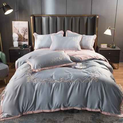 91家纺网 家纺一手货源 找家纺 （总）骏腾 2022新款水洗冰丝刺绣四件套水洗真丝天丝