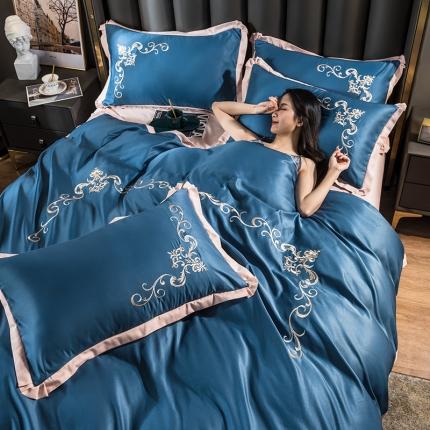骏腾 2022新款水洗冰丝刺绣四件套水洗真丝天丝艾莎-宾利蓝