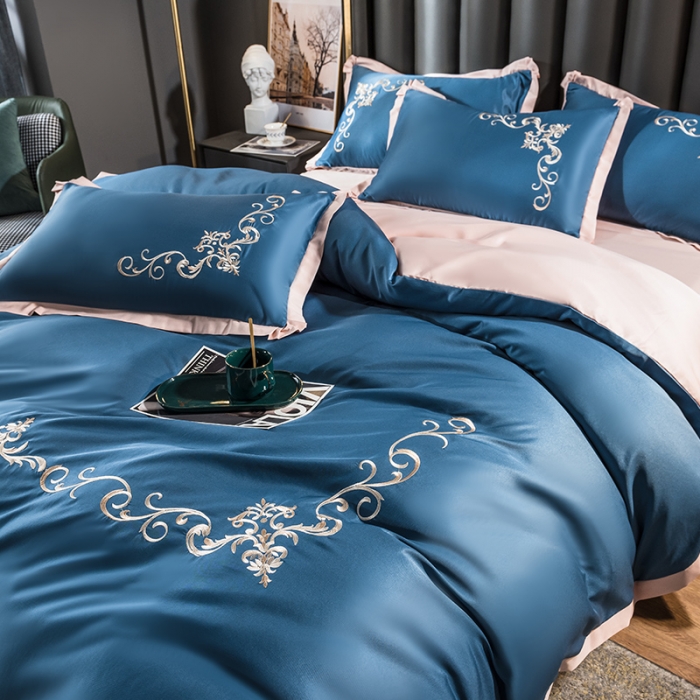 91家纺网 家纺一手货源 找家纺 骏腾 2022新款水洗冰丝刺绣四件套水洗真丝天丝艾莎-宾利蓝