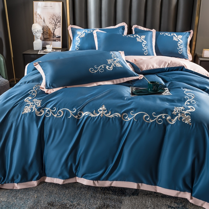 91家纺网 家纺一手货源 找家纺 骏腾 2022新款水洗冰丝刺绣四件套水洗真丝天丝艾莎-宾利蓝