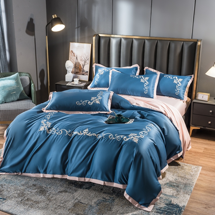 91家纺网 家纺一手货源 找家纺 骏腾 2022新款水洗冰丝刺绣四件套水洗真丝天丝艾莎-宾利蓝