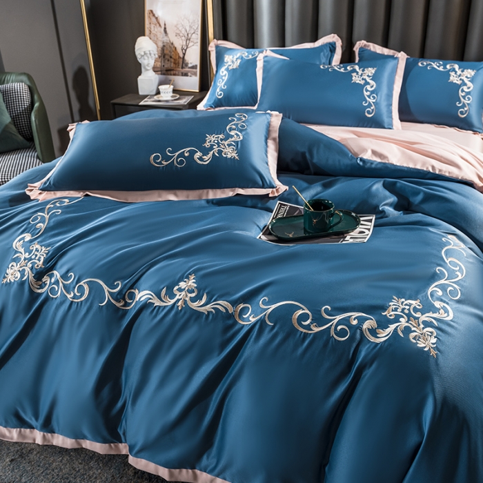 91家纺网 家纺一手货源 找家纺 骏腾 2022新款水洗冰丝刺绣四件套水洗真丝天丝艾莎-宾利蓝