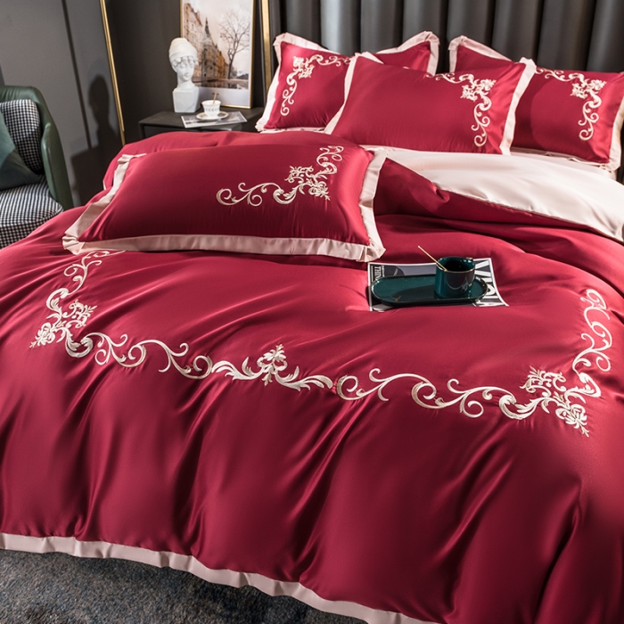 91家纺网 家纺一手货源 找家纺 骏腾 2022新款水洗冰丝刺绣四件套水洗真丝天丝艾莎-酒红