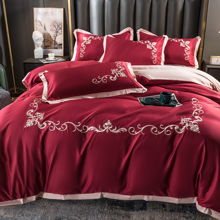 91家纺网 家纺一手货源 找家纺 骏腾 2022新款水洗冰丝刺绣四件套水洗真丝天丝艾莎-酒红
