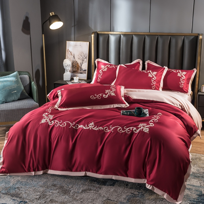 91家纺网 家纺一手货源 找家纺 骏腾 2022新款水洗冰丝刺绣四件套水洗真丝天丝艾莎-酒红