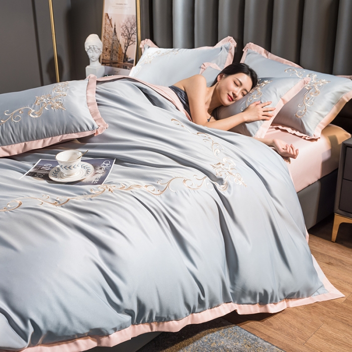 91家纺网 家纺一手货源 找家纺 骏腾 2022新款水洗冰丝刺绣四件套水洗真丝天丝艾莎-蓝灰