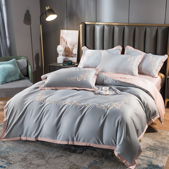 91家纺网 家纺一手货源 找家纺 骏腾 2022新款水洗冰丝刺绣四件套水洗真丝天丝艾莎-蓝灰