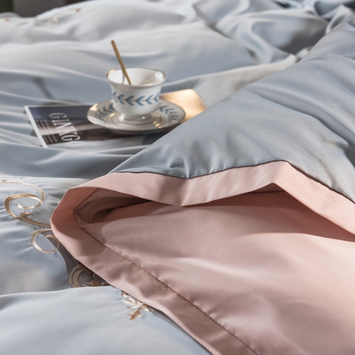 91家纺网 家纺一手货源 找家纺 骏腾 2022新款水洗冰丝刺绣四件套水洗真丝天丝艾莎-蓝灰