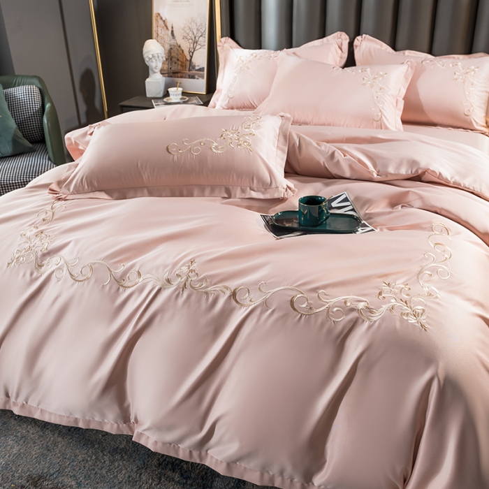 91家纺网 家纺一手货源 找家纺 骏腾 2022新款水洗冰丝刺绣四件套水洗真丝天丝艾莎-玫瑰粉