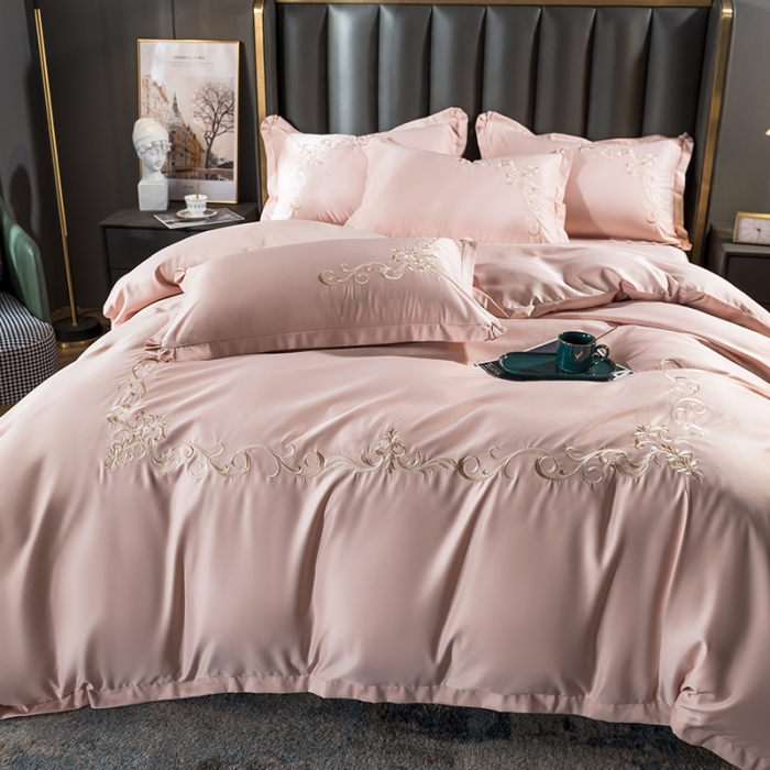 91家纺网 家纺一手货源 找家纺 骏腾 2022新款水洗冰丝刺绣四件套水洗真丝天丝艾莎-玫瑰粉