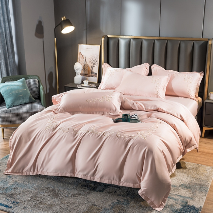 91家纺网 家纺一手货源 找家纺 骏腾 2022新款水洗冰丝刺绣四件套水洗真丝天丝艾莎-玫瑰粉