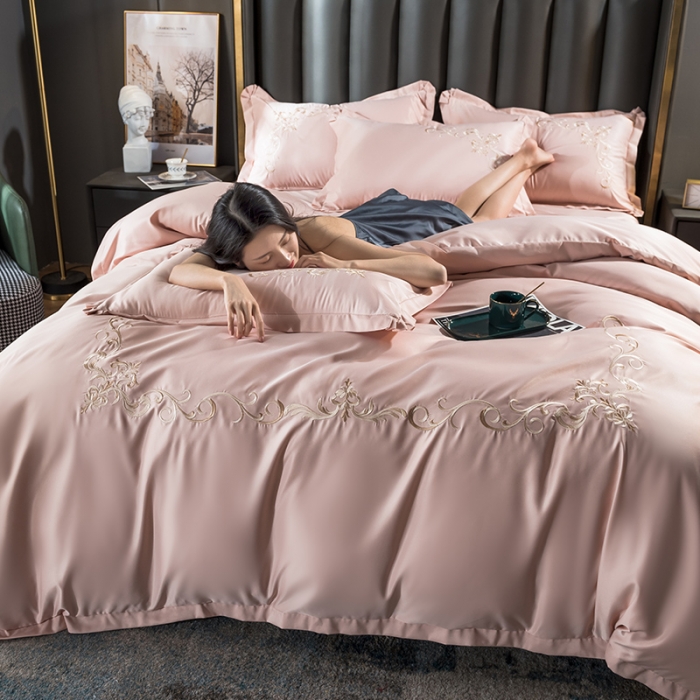 91家纺网 家纺一手货源 找家纺 骏腾 2022新款水洗冰丝刺绣四件套水洗真丝天丝艾莎-玫瑰粉